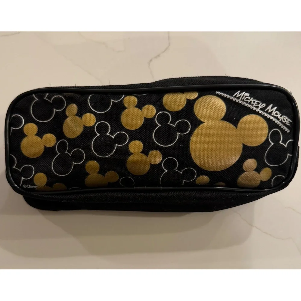 Disney Mickey Mouse Pencil Case Pouch Black Gold Metallic Silhouette Zipper‎ Bag
